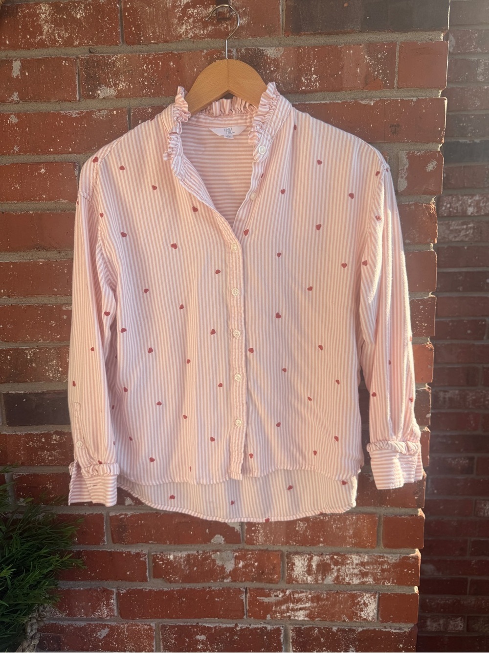 Time and Tru Pink and White Striped Blouse with Red Hearts ❤️